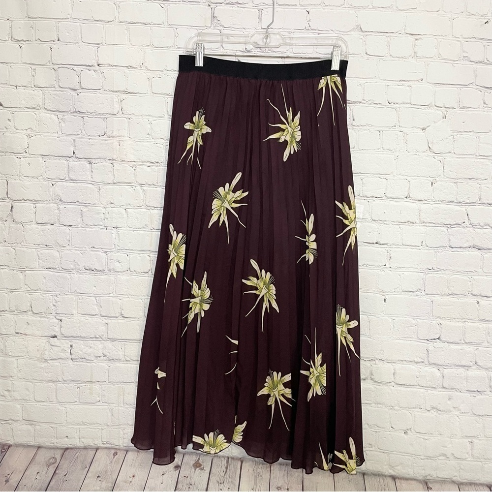 Brown Ivory Yellow Long Pleated A-Line Skirt Size Large